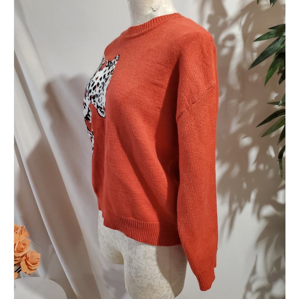 Minkpink Leopard Big Cat Boxy Crewneck Sweater Size XS Coral Orange Soft Knit - Picture 4 of 10